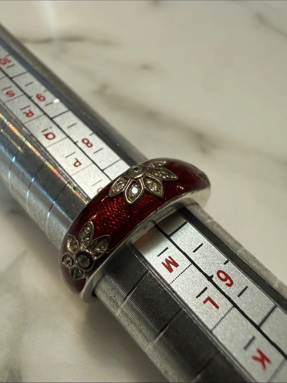 Silver and red enamel ring with CZ starbursts, size 7